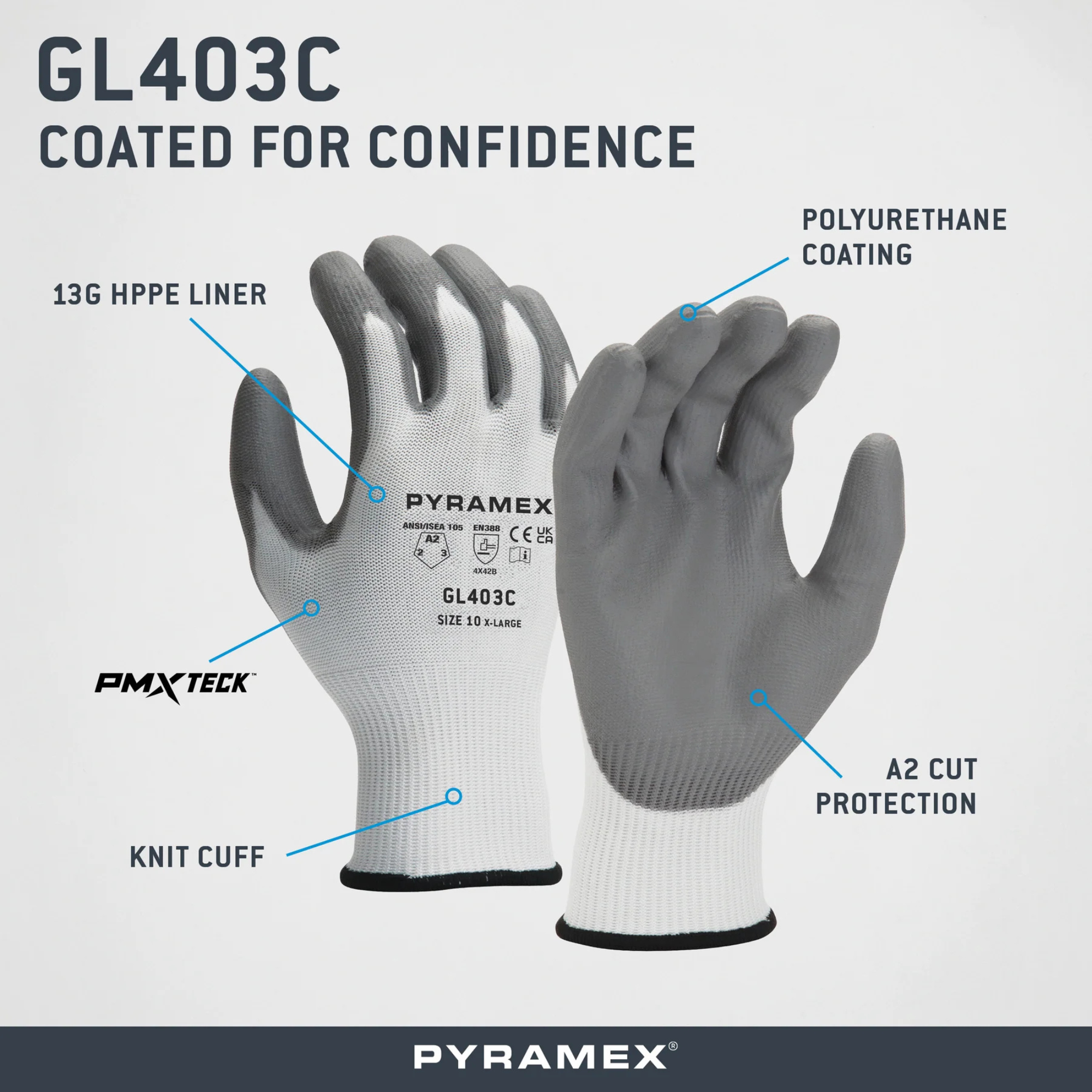Pyramex GL403C Polyurethane A2 Cut-Resistant Seamless Knit Glove from GME Supply